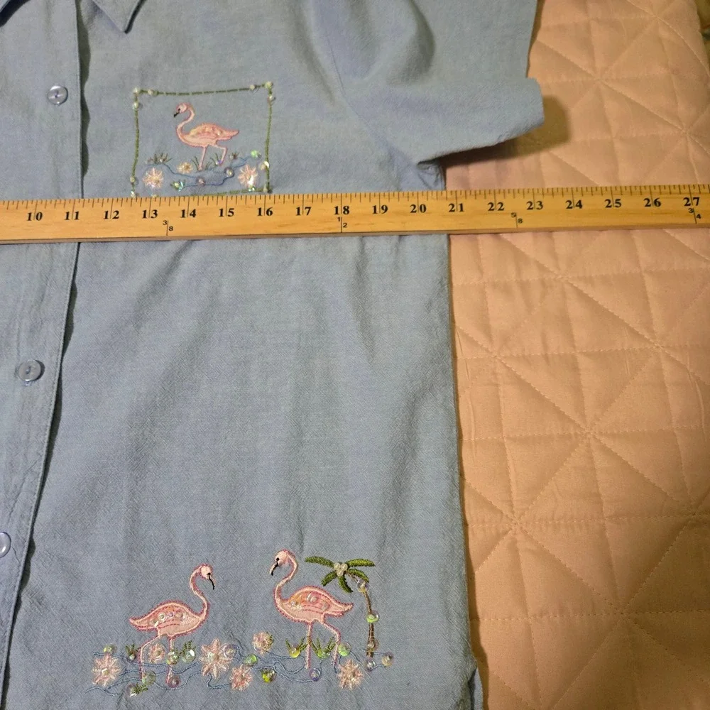 Jane Ashley Blue‎ Cotton Flamingo Chambray Set Top Pants PL Embroidery Sequin